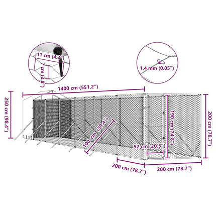 Hundgård med tak silver 2x14x2,5 m galvaniserat stål