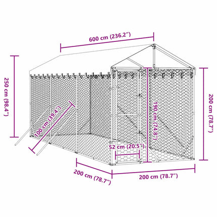 Hundgård med tak silver 2x6x2,5 m galvaniserat stål