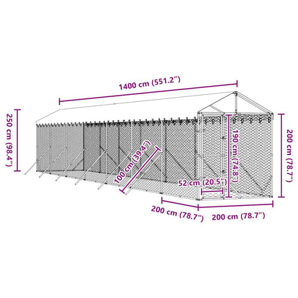 Hundgård med tak silver 2x14x2,5 m galvaniserat stål