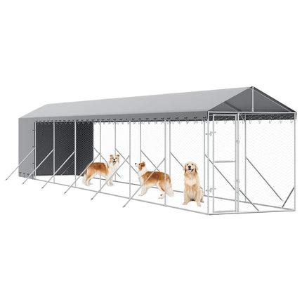 Hundgård med tak silver 2x14x2,5 m galvaniserat stål