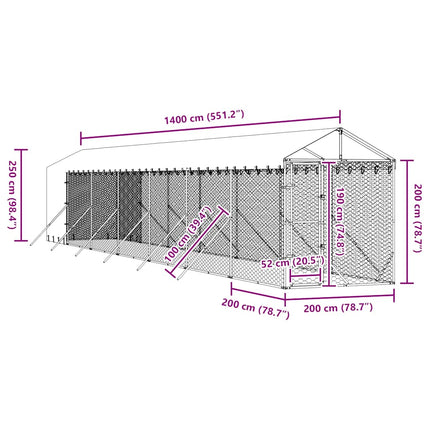 Hundgård med tak silver 2x14x2,5 m galvaniserat stål