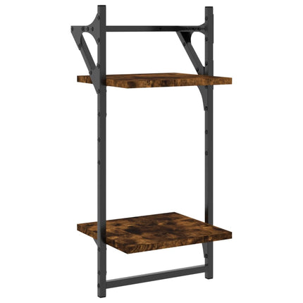 Vägghyllor 2-plan med stänger 2 st rökfärgad ek 30x25x65 cm