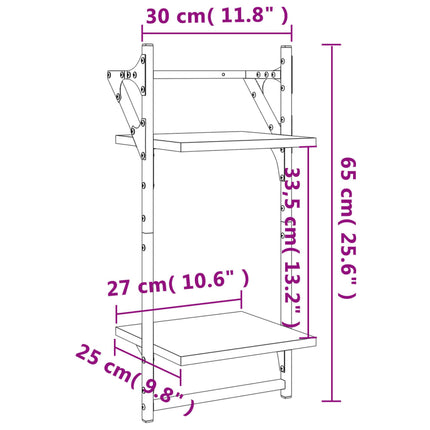 Vägghyllor 2-plan med stänger 2 st rökfärgad ek 30x25x65 cm