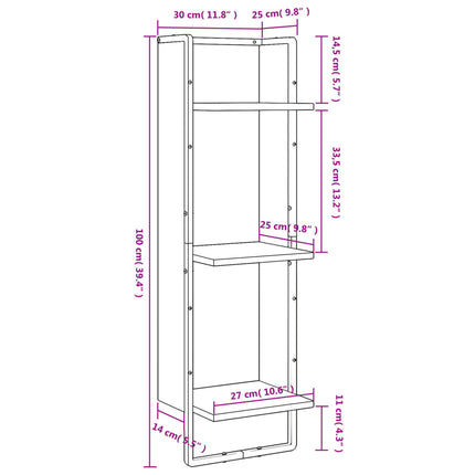 Vägghylla 3 hyllor rökfärgad ek 30x25x100 cm konstruerat trä