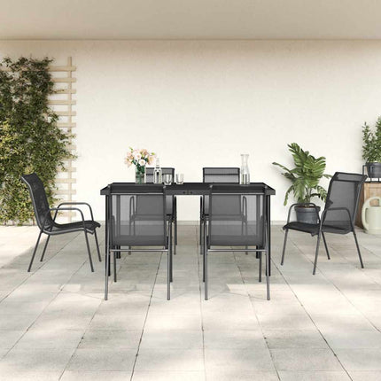 Matgrupp för trädgården 7 delar svart stål och textilen