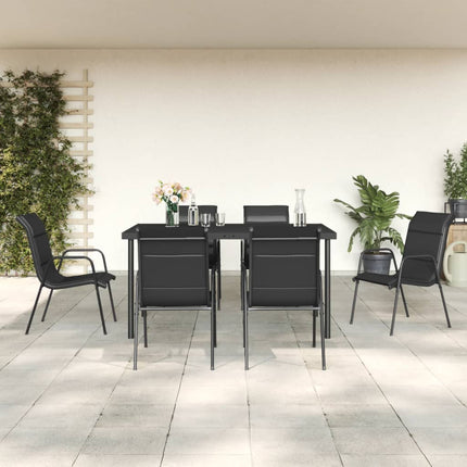 Matgrupp för trädgården 7 delar svart stål och textilen