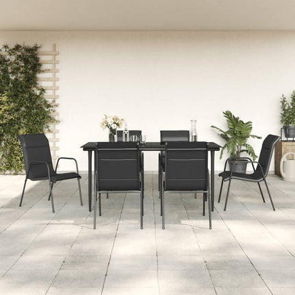 Matgrupp för trädgården 7 delar svart stål och textilen