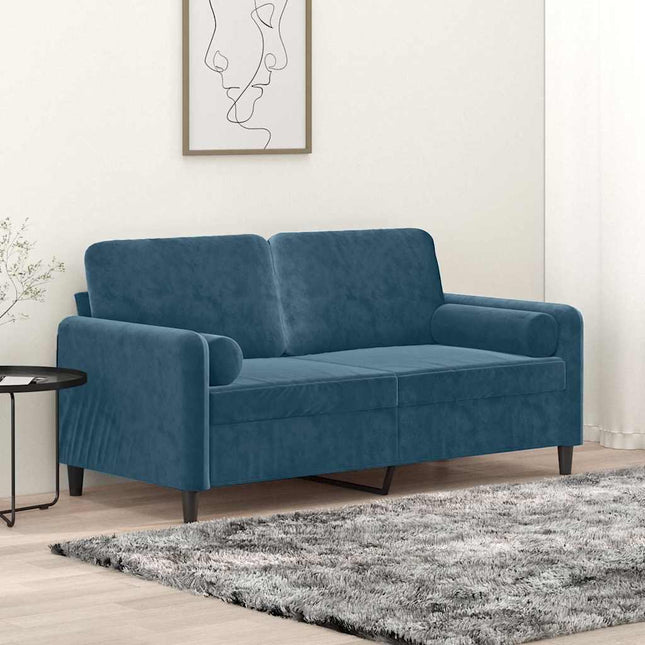 2-sitssoffa med prydnadskuddar blå 140 cm sammet
