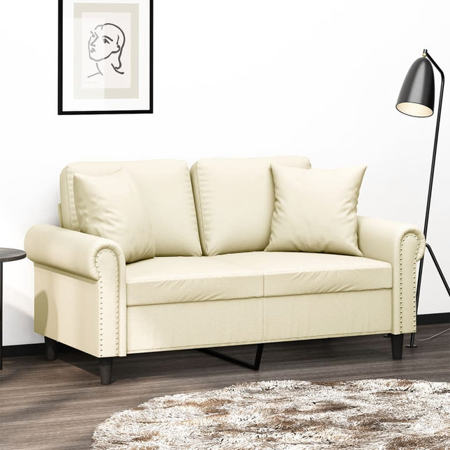 2-sits soffa med prydnadskuddar gräddvit 120 cm konstläder