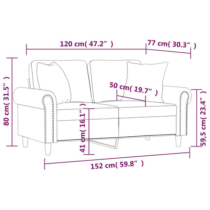 2-sitssoffa med prydnadskuddar vinröd 120 cm sammet