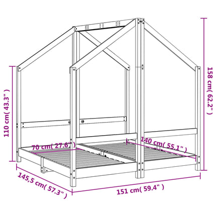 Sängram för barnsäng svart 2x(70x140) cm massiv furu
