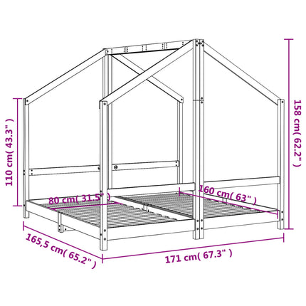 Sängram för barnsäng 2x(80x160) cm massiv furu