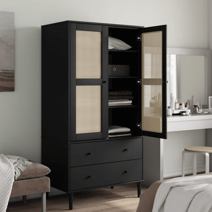 Garderob SENJA rottinglook svart 90x55x175 cm massiv furu