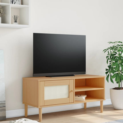 Tv-bänk SENJA rottinglook brun 106x40x49 cm massiv furu