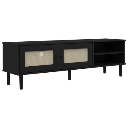 Tv-bänk SENJA rottinglook svart 158x40x49 cm massiv furu