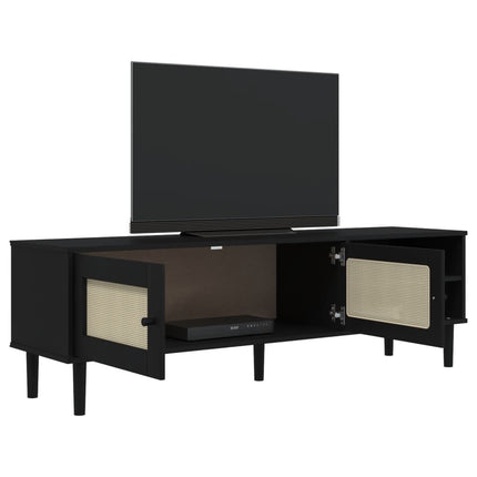 Tv-bänk SENJA rottinglook svart 158x40x49 cm massiv furu