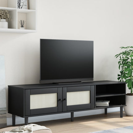 Tv-bänk SENJA rottinglook svart 158x40x49 cm massiv furu