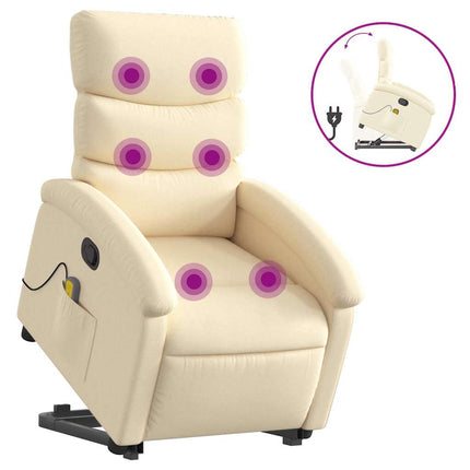 Massagefåtölj med uppresningshjälp gräddvit tyg