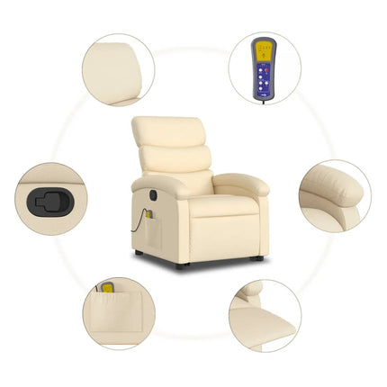 Massagefåtölj med uppresningshjälp gräddvit tyg