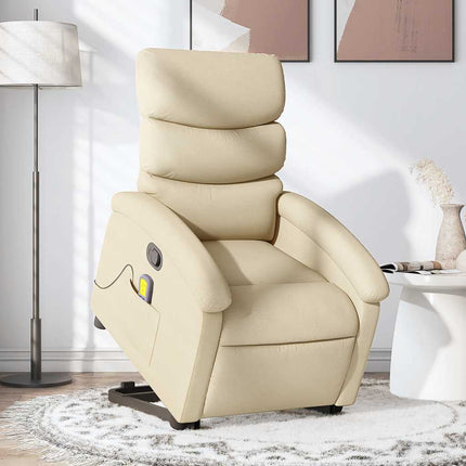 Massagefåtölj med uppresningshjälp gräddvit tyg
