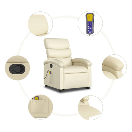 Massagefåtölj med uppresningshjälp gräddvit konstläder