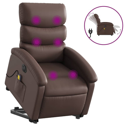 Massagefåtölj med uppresningshjälp brun konstläder