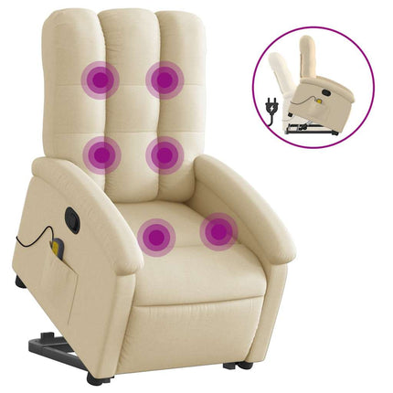Massagefåtölj med uppresningshjälp gräddvit tyg