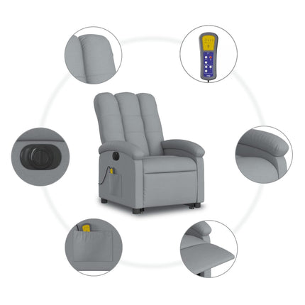 Elektrisk massagefåtölj med uppresningshjälp ljusgrå tyg