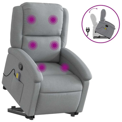 Massagefåtölj med uppresningshjälp ljusgrå tyg