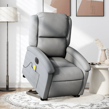 Elektrisk massagefåtölj med uppresningshjälp ljusgrå tyg