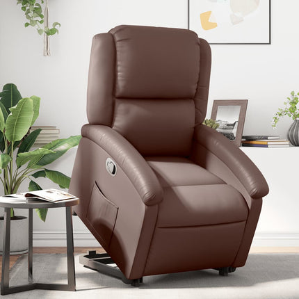 Reclinerfåtölj med uppresningshjälp brun konstläder