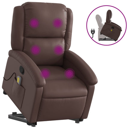 Massagefåtölj med uppresningshjälp brun konstläder