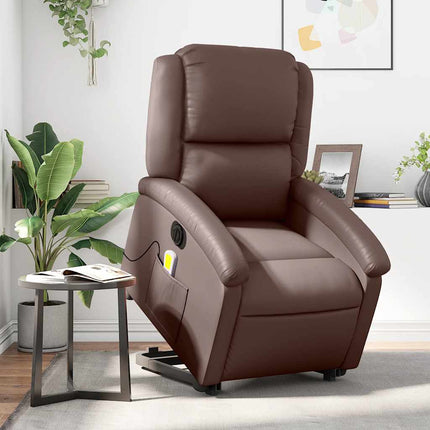 Massagefåtölj med uppresningshjälp brun konstläder