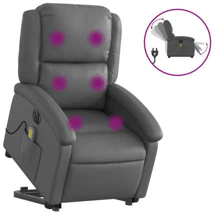 Massagefåtölj med uppresningshjälp grå konstläder