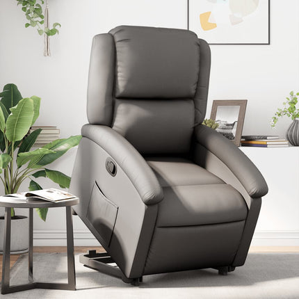 Reclinerfåtölj med uppresningshjälp grå äkta läder
