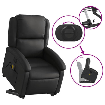 Massagefåtölj med uppresningshjälp svart äkta läder
