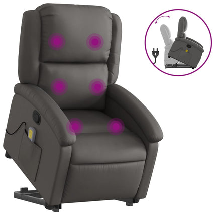 Massagefåtölj med uppresningshjälp grå äkta läder