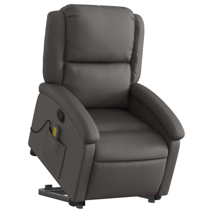 Massagefåtölj med uppresningshjälp grå äkta läder