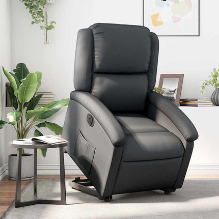 Reclinerfåtölj med uppresningshjälp svart äkta läder