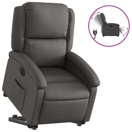 Reclinerfåtölj med uppresningshjälp grå äkta läder