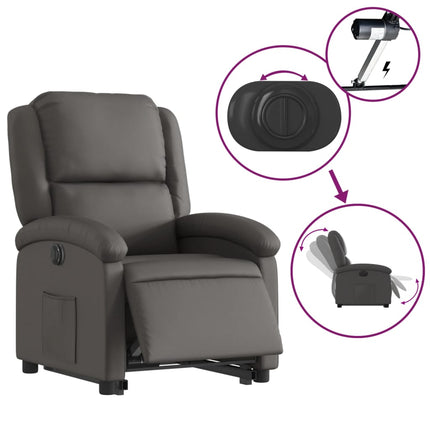 Reclinerfåtölj med uppresningshjälp grå äkta läder