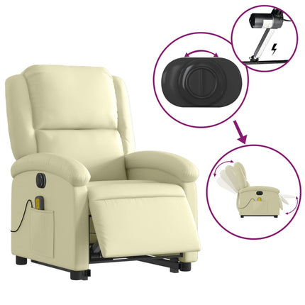 Massagefåtölj med uppresningshjälp gräddvit äkta läder