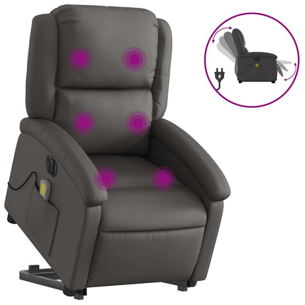 Massagefåtölj med uppresningshjälp grå äkta läder