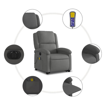 Massagefåtölj med uppresningshjälp grå äkta läder