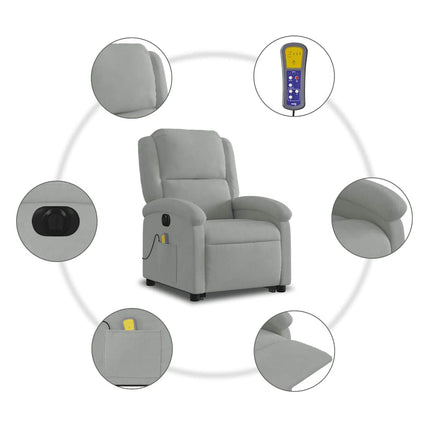 Elektrisk massagefåtölj med uppresningshjälp ljusgrå sammet
