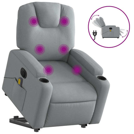 Elektrisk massagefåtölj med uppresningshjälp ljusgrå tyg