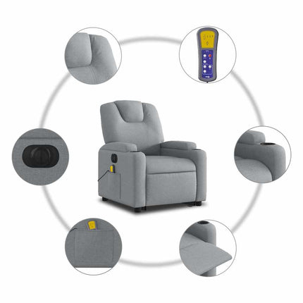 Elektrisk massagefåtölj med uppresningshjälp ljusgrå tyg