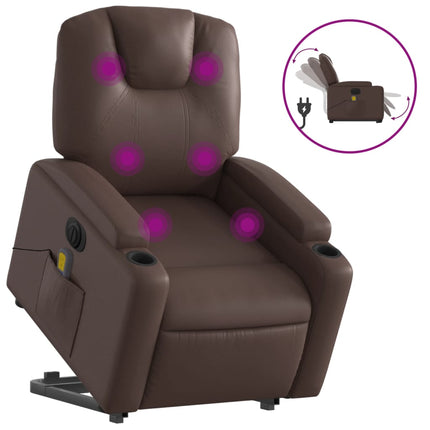Massagefåtölj med uppresningshjälp brun konstläder