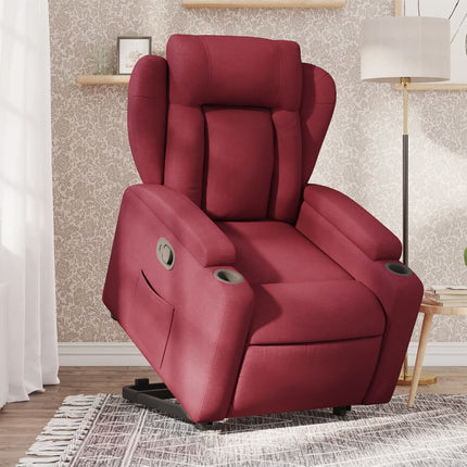 Reclinerfåtölj med uppresningshjälp vinröd tyg