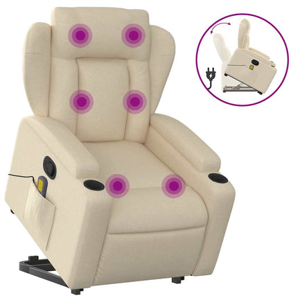 Massagefåtölj med uppresningshjälp gräddvit tyg